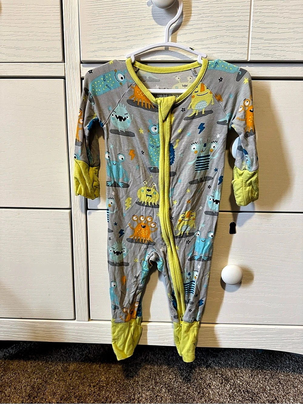 littlesleepies monster Print Footie in Gray & Yellow Newborn Like New
